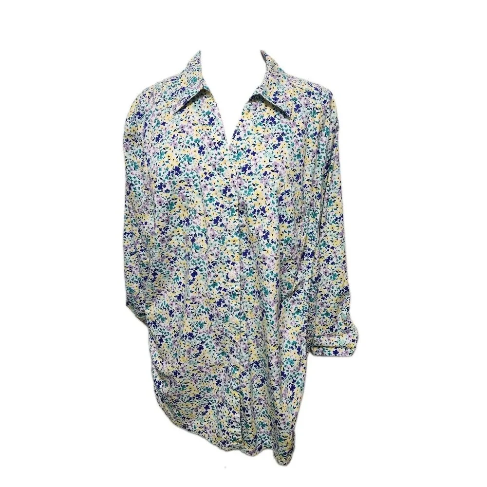 Croft Barrow Womens Top Blouse 3X Purple Floral Button Front 3/4 Sleeve